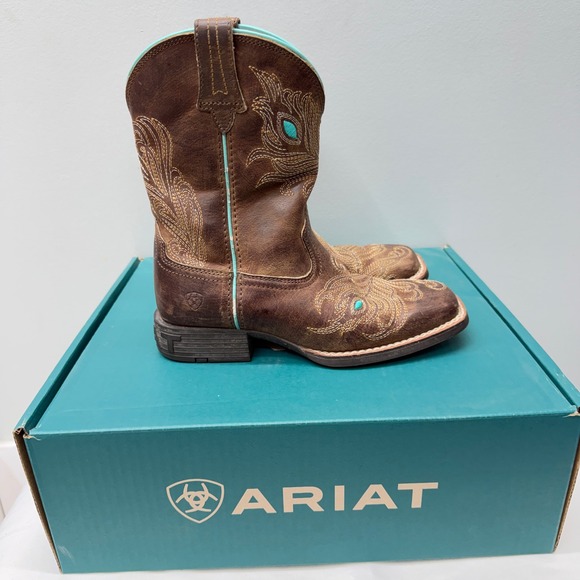 Ariat Bright Eyes II Brown Turquoise Leather Cowboy Boots Youth 2 Square Toe - Picture 2 of 7